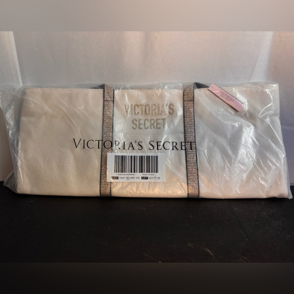Victoria's Secret Cream Tote with Glitter Straps and Pink Tag